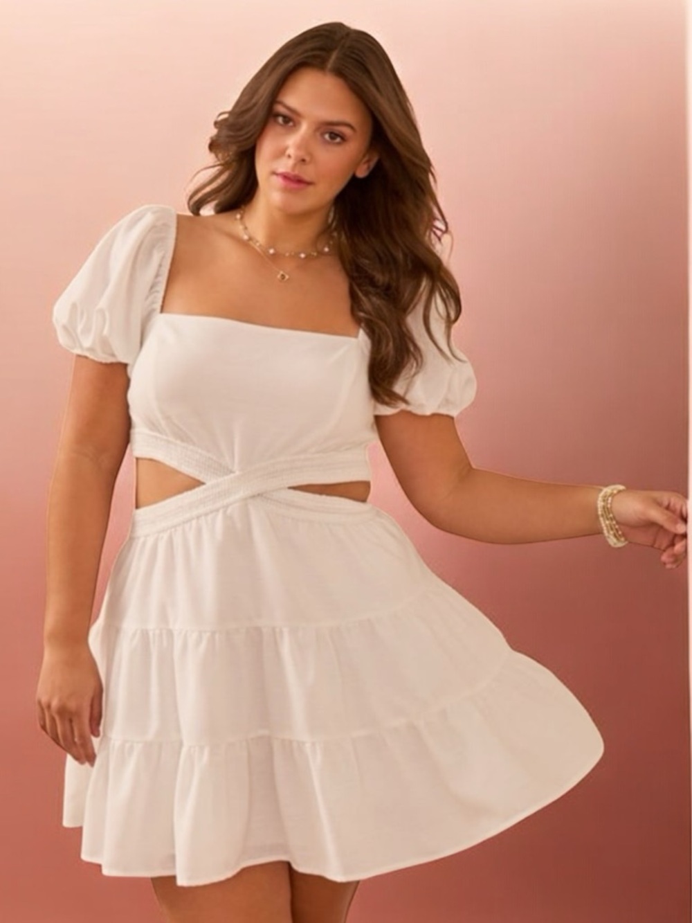 Altar'd State Arula White Backless Puff-Sleeve Cutout Tiered Mini Dress size 0X